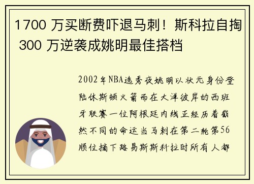 1700 万买断费吓退马刺！斯科拉自掏 300 万逆袭成姚明最佳搭档
