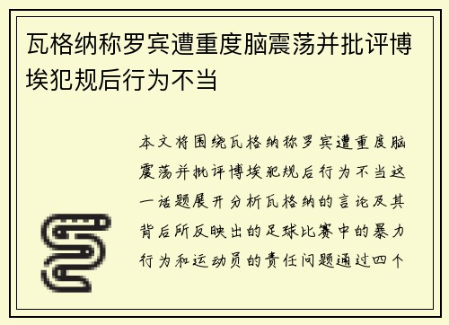 瓦格纳称罗宾遭重度脑震荡并批评博埃犯规后行为不当 瓦格纳称罗宾遭重度脑震荡并批评博埃犯规后行为不当