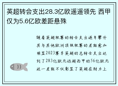 英超转会支出28.3亿欧遥遥领先 西甲仅为5.6亿欧差距悬殊 英超转会支出28.3亿欧遥遥领先 西甲仅为5.6亿欧差距悬殊