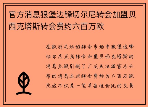 官方消息狼堡边锋切尔尼转会加盟贝西克塔斯转会费约六百万欧 官方消息狼堡边锋切尔尼转会加盟贝西克塔斯转会费约六百万欧
